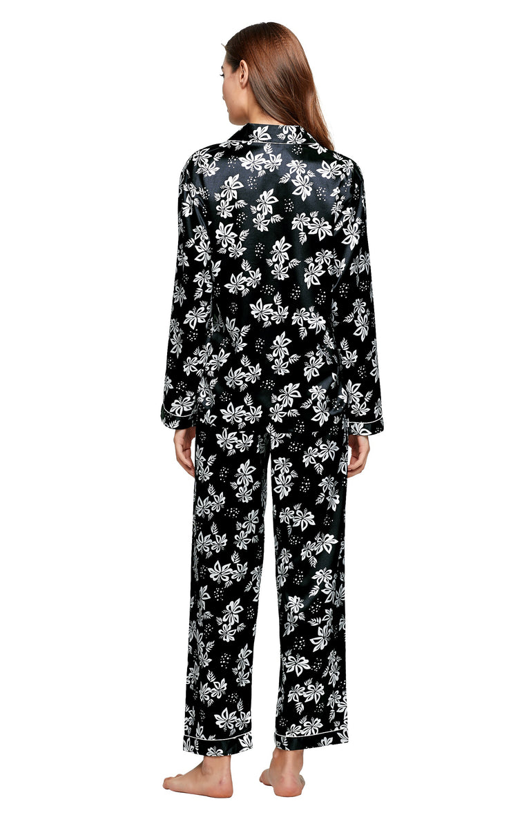 Women's Silk Satin Pajama Set Long Sleeve-Black with White Floral Prin ...
