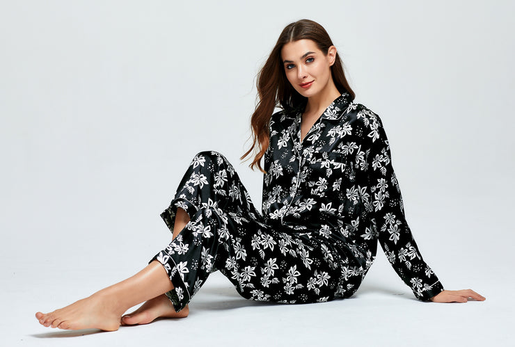 Womens Silk Satin Pajama Set Long Sleeve Black With White Floral Prin