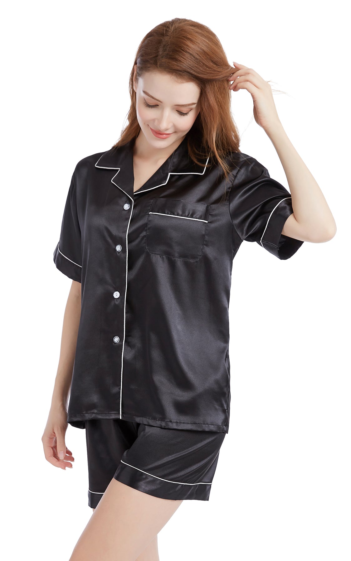 Women's Silk Satin Pajama Set Short Sleeve- Black with White Piping ...
