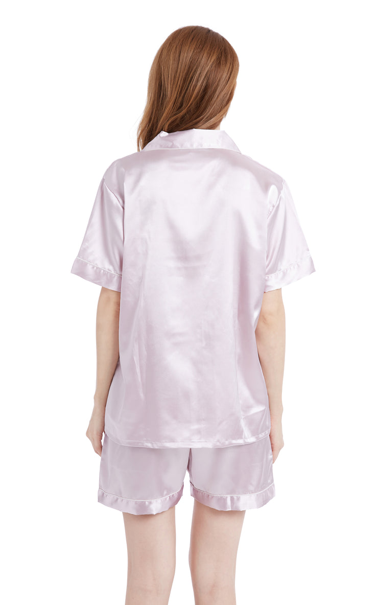 Womens Silk Satin Pajama Set Short Sleeve Light Pink With White Pipi Tony And Candice 
