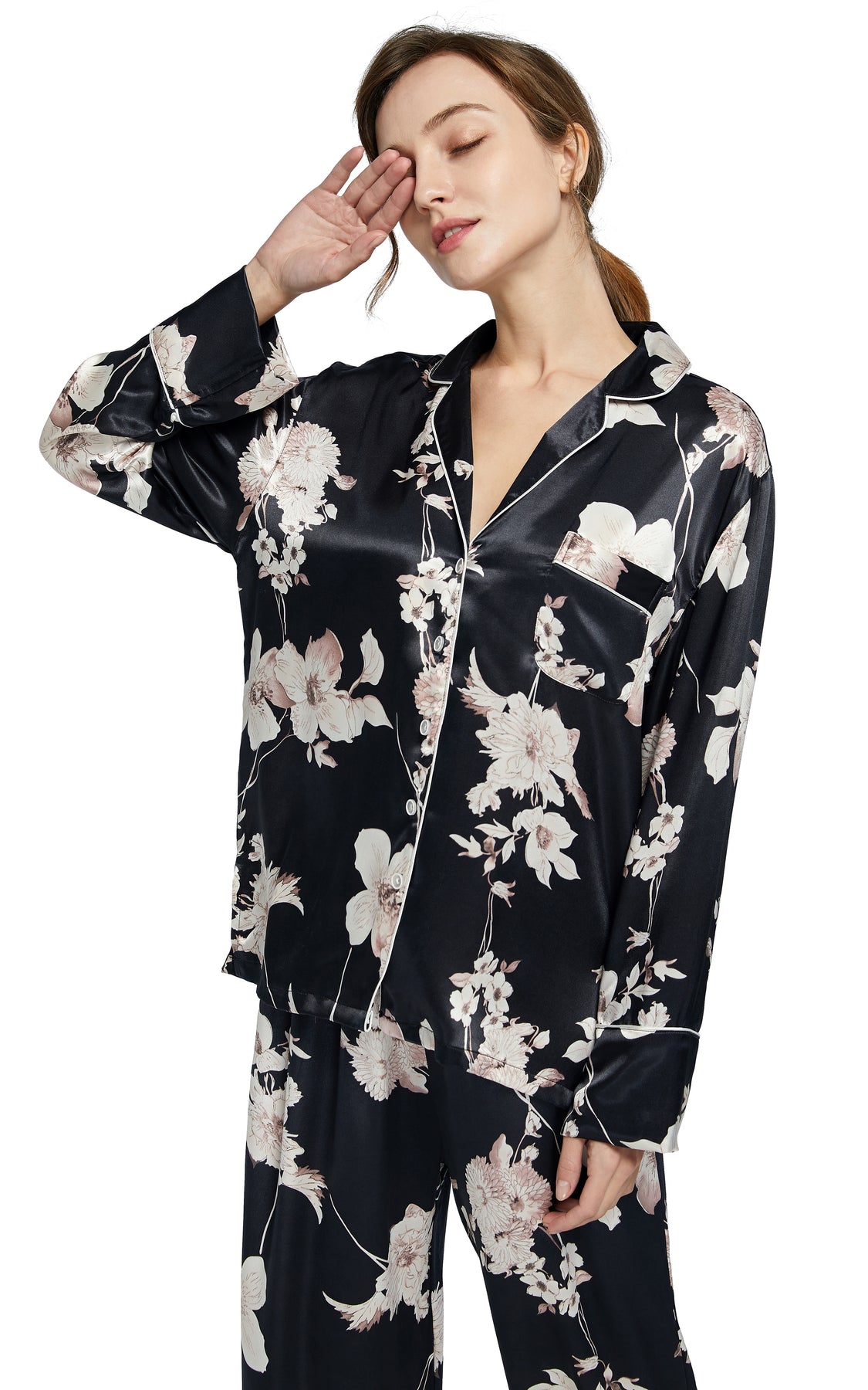 Women's Silk Satin Pajama Set Long Sleeve-Black with Blooms – Tony ...