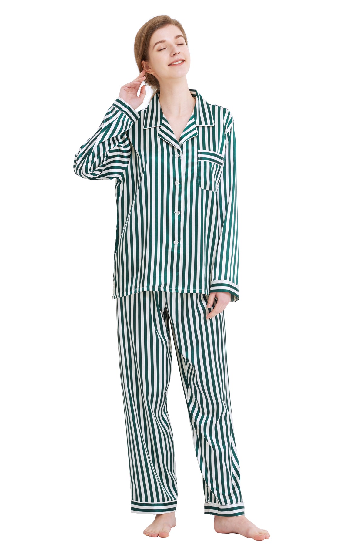 Womens Silk Satin Pajama Set Long Sleeve Green And White Striped Tony And Candice 
