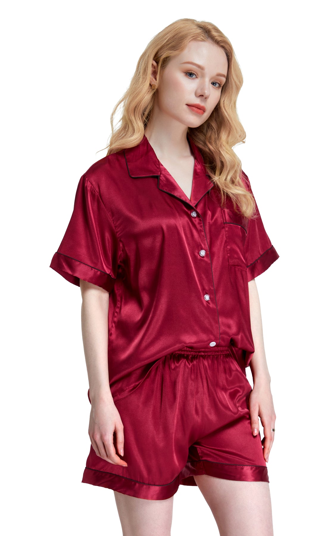 Women S Silk Satin Pajama Set Short Sleeve Burgundy With Black Piping Tony And Candice