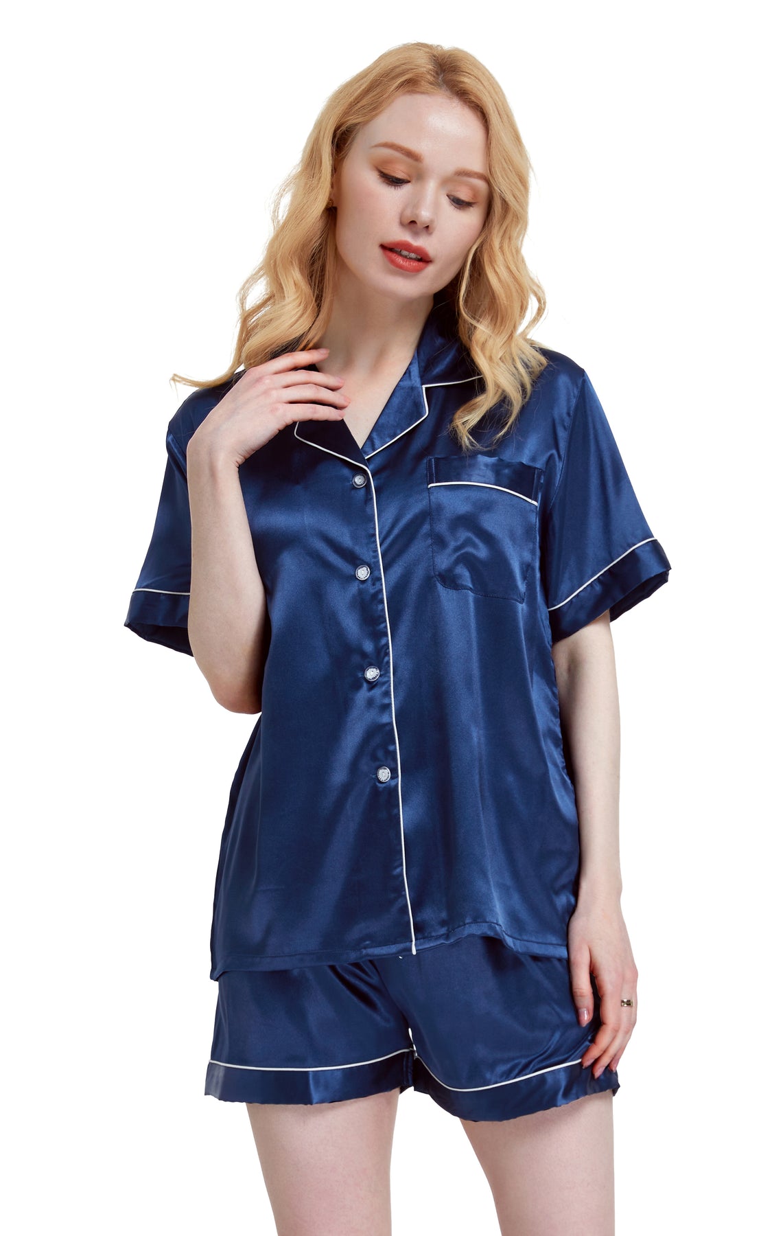 Womens Silk Satin Pajama Set Short Sleeve Navy Blue With White Pipin Tony And Candice 