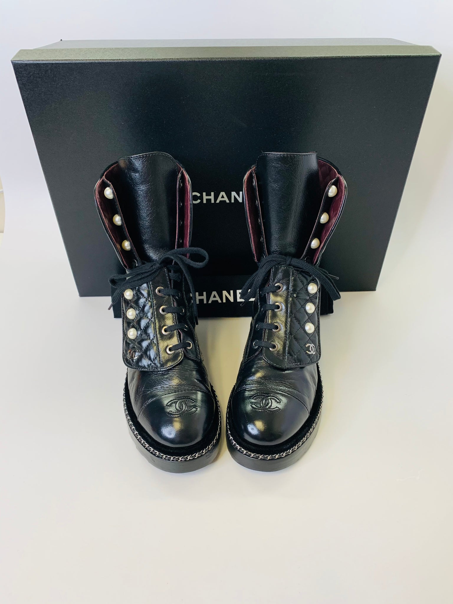 Chanel Black Leather Ankle Boots with Pearl Chain Detail  41  40  I MISS  YOU VINTAGE