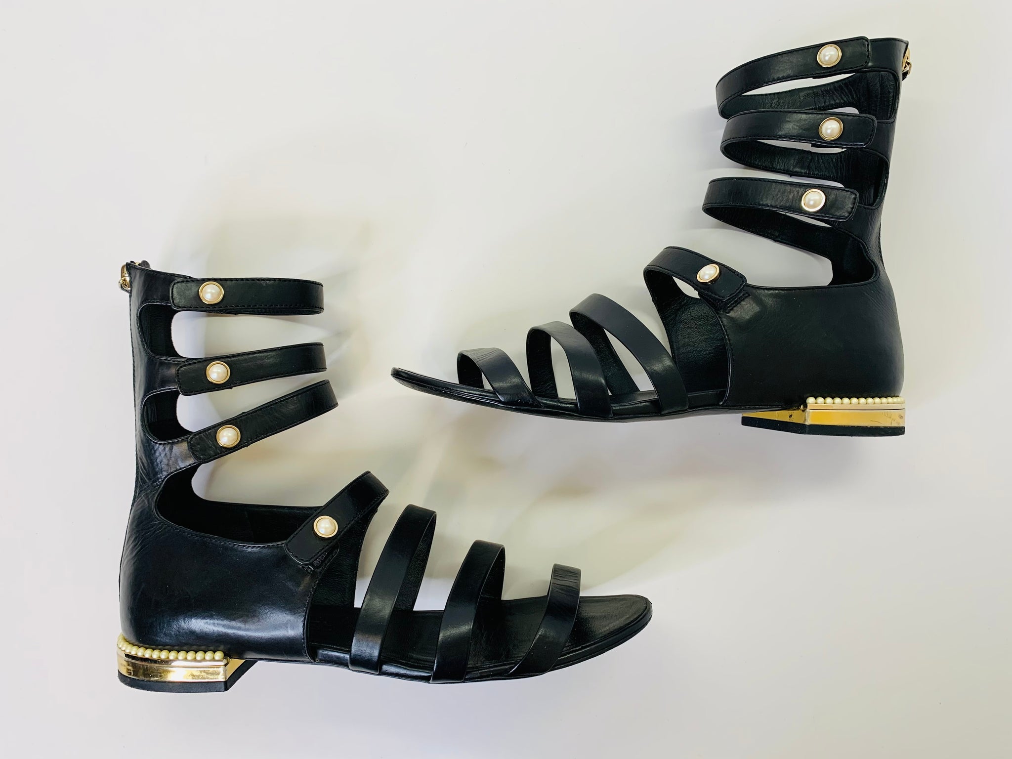 CHANEL Black Calfskin and Pearl Strappy Sandals Size 38 – JDEX Styles