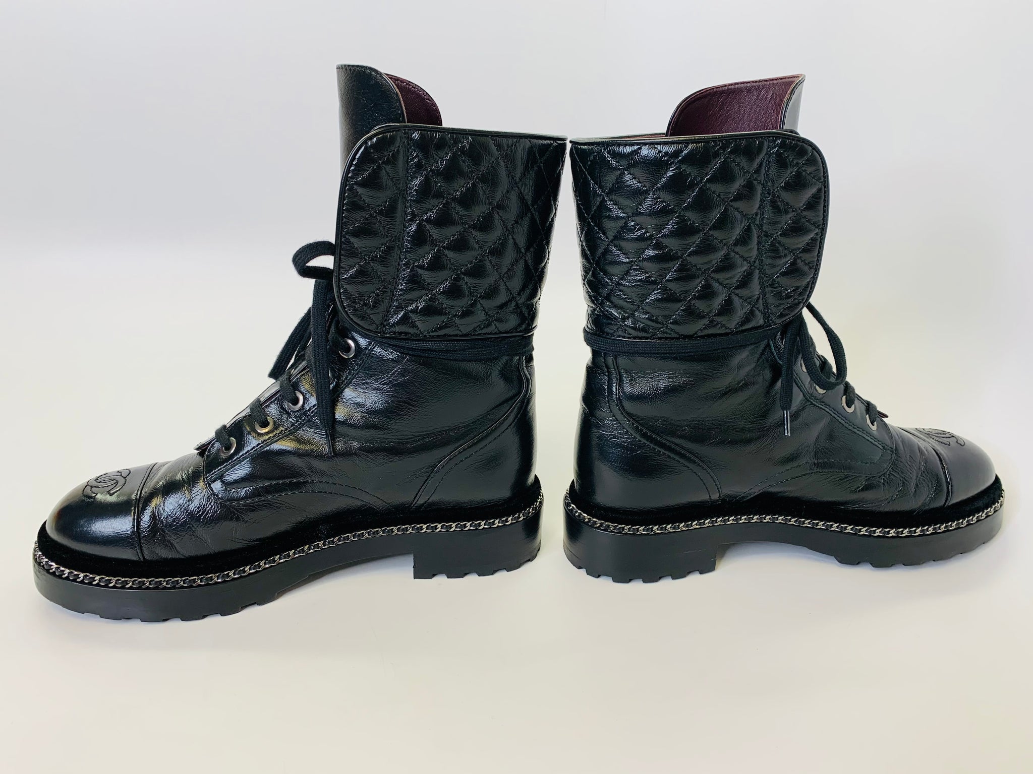 CHANEL Black Leather, Pearl and Silver Chain Combat Boots Size 37 1/2 –  JDEX Styles