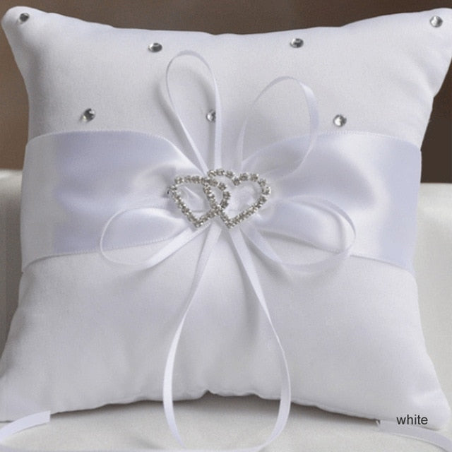 Wedding Decor Ring Pillow Double Rhinestone Heart Handmade Ribbon