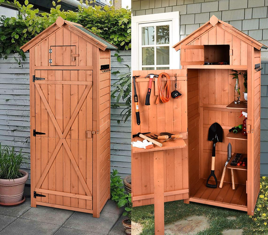 Hoowii Outdoor Wooden Storage Shed Garden Tool Storage Cabinet