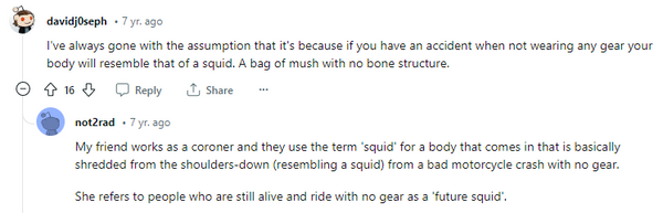 Reddit post squid motorycle term explanation