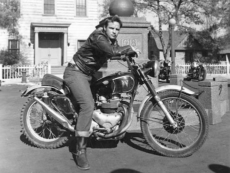 Marlon Brando in leather jacket on his Matchless bike