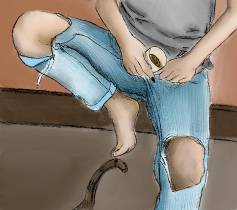 Torn knee holes in jeans of a woman with a leg crooked upon a counter holding a crooked drink. Cat tail at her right foot. Woman is in a grey shirt. 