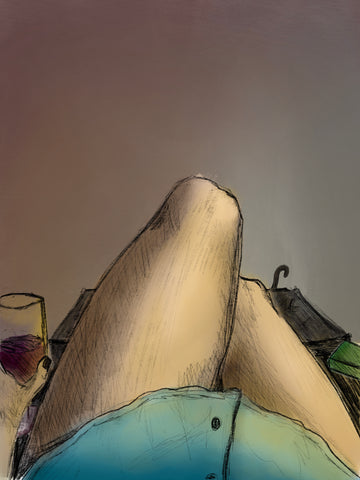 Titled "Wine Down", sketch of a woman sitting on her couch, bare legs shown to the knee, glass of wine in the left hand and cat's tail peeking over edge of the ottoman. Entire piece is cast in a soft yellow glow of a lamp nearby -lamp is not in sketch.