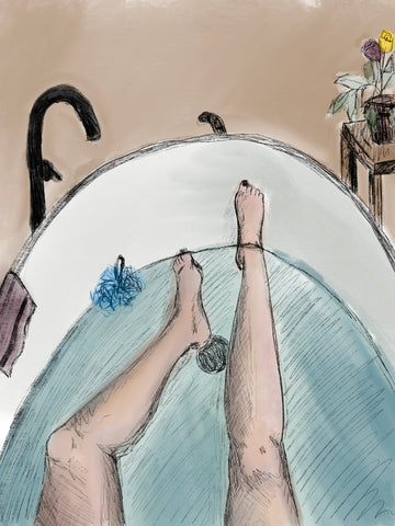 Sketch of woman's legs in a bath tub under water, with cat tail peeking over the end of the tub