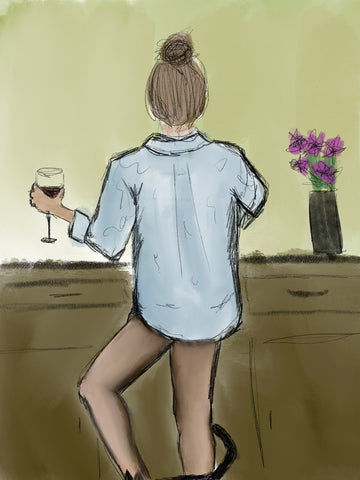 Sketch of a woman standing in blue jean shirt with a glass of wine in left hand with cat at her feet, back to the viewer