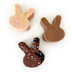 Image of Fluffle of Bunnies from the 2022 Easter Collection featuring flavours: Raspberry Lemonade, Strawberry Basil, and Blueberry Cherry from international award-winning chocolatier The Violet Chocolate Co. based in Edmonton, Alberta and offering Canada-wide shipping