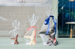 Image of three different sizes of 2022 Easter Chocolate Bunny from The Violet Chocolate Company based in Edmonton Alberta 