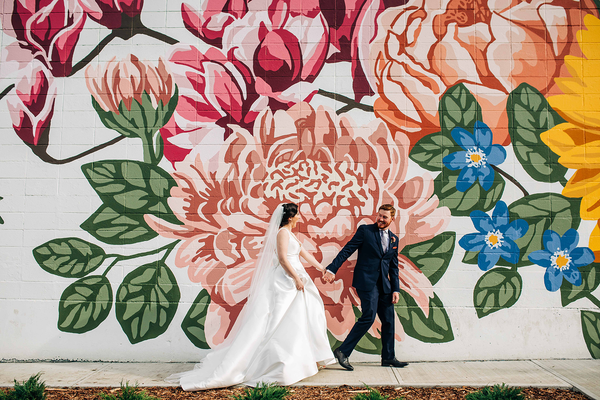 Rebecca and Sam Wedding October 2020 at Manchester Square, Edmonton, Alberta. Mural painted by Alixandra Jade.  Photo credit: Sarah Mavro Photography