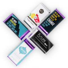Image of custom wrapped chocolate bars from international award-winning chocolatier The Violet Chocolate Company featuring bars used for trade show favours gifts, promotional business product, car dealership swag, corporate gifting, client appreciation gifts