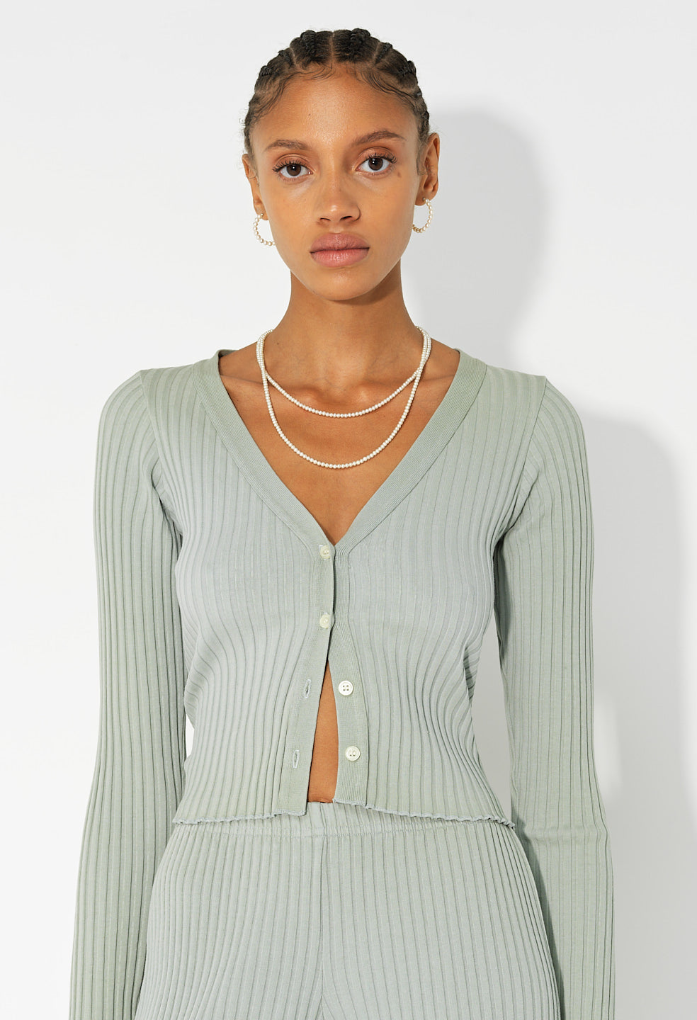 Ginza Rib Cropped Cardigan / Seafoam