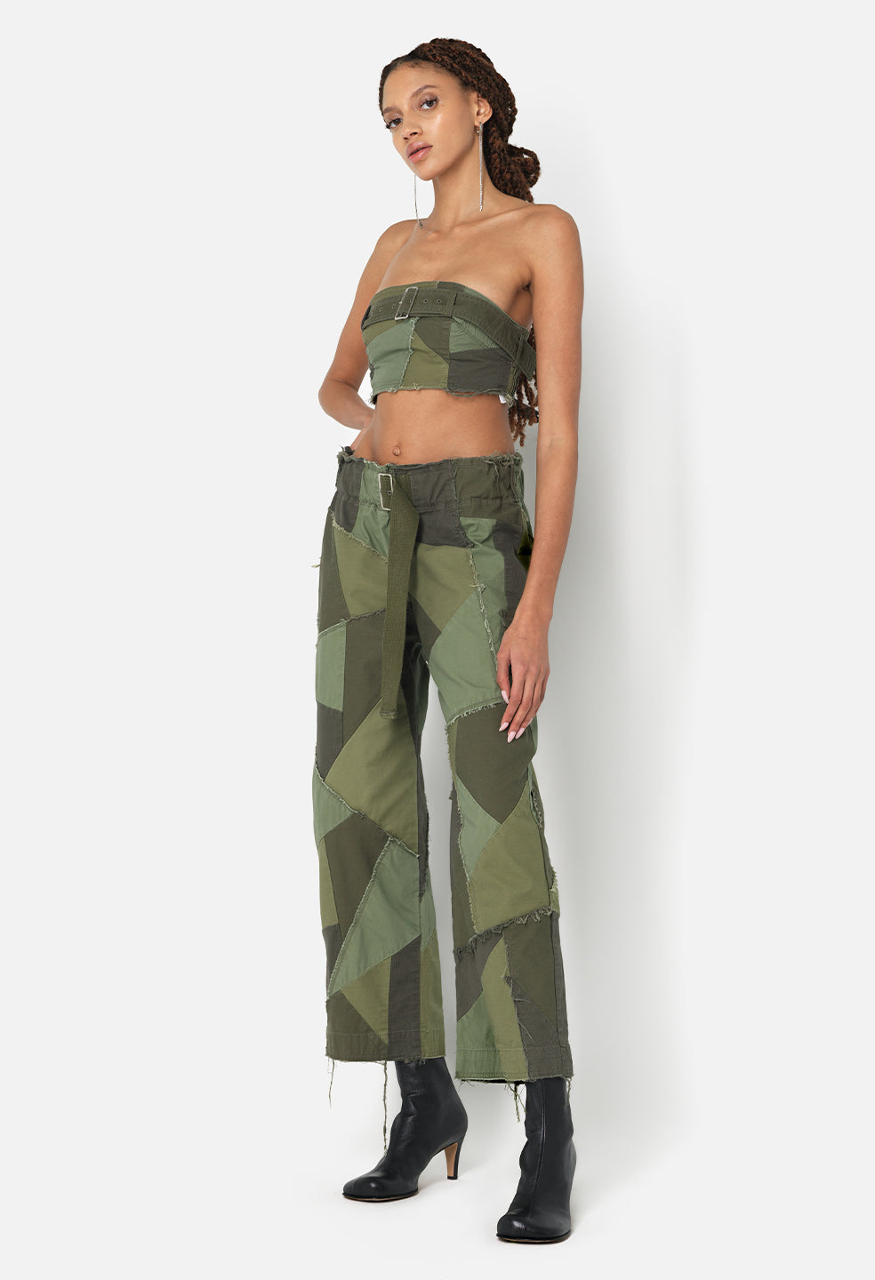 Belted Patchwork Tube Top / Olive