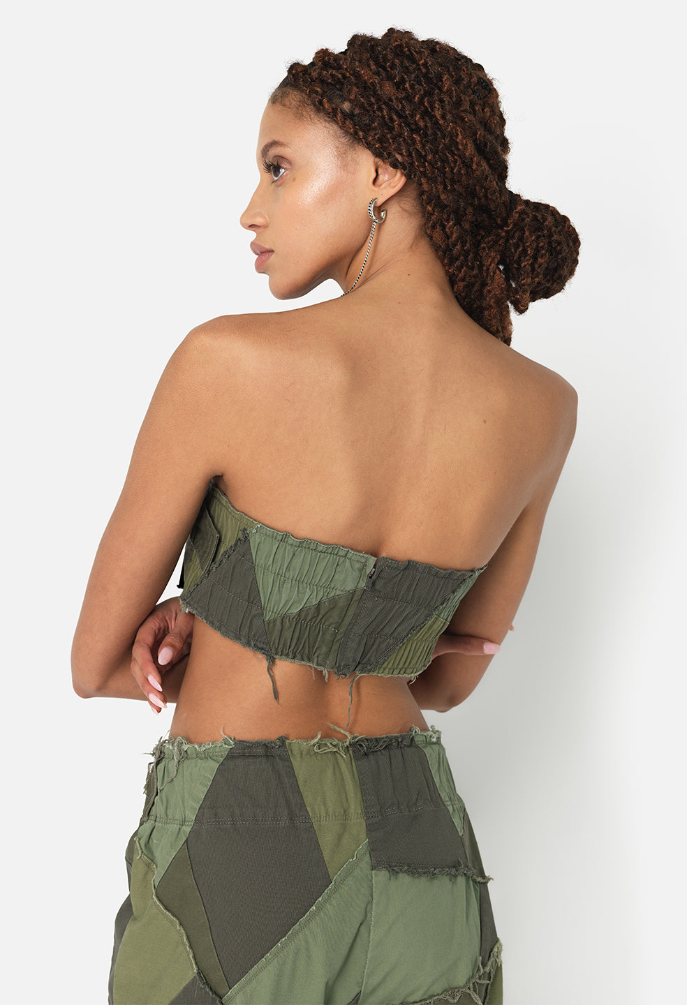 Belted Patchwork Tube Top / Olive