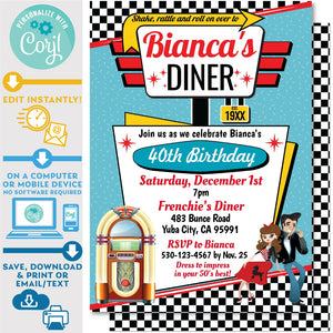 Printable 50s Diner Invitation In Teal Red And Yellow 5 X 7