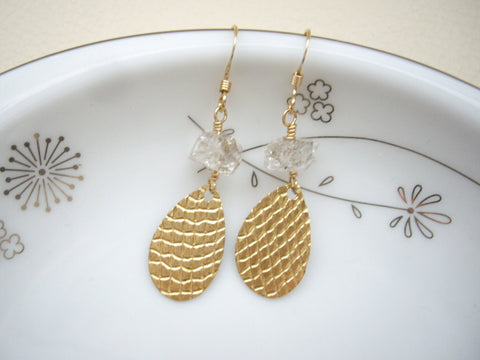 Gold teardrop earrings with herkimer diamond