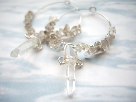 quartz wire wrapped hoop earrings