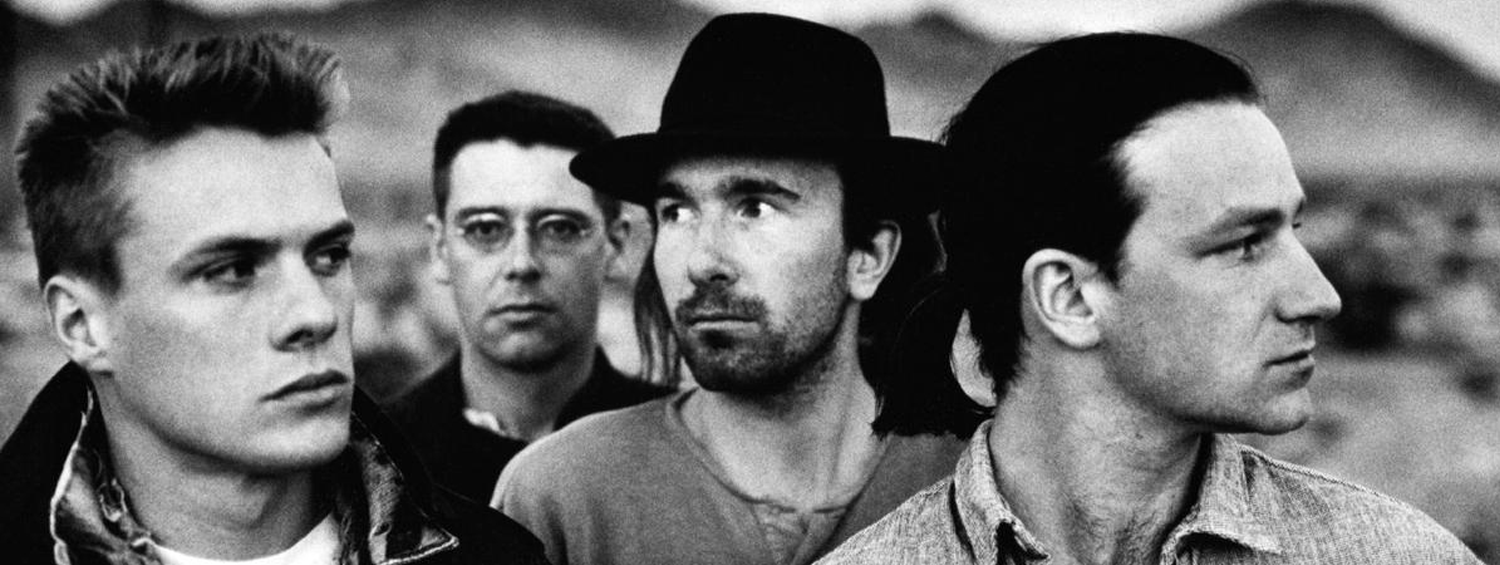 Black and white photo of U2 in 1992