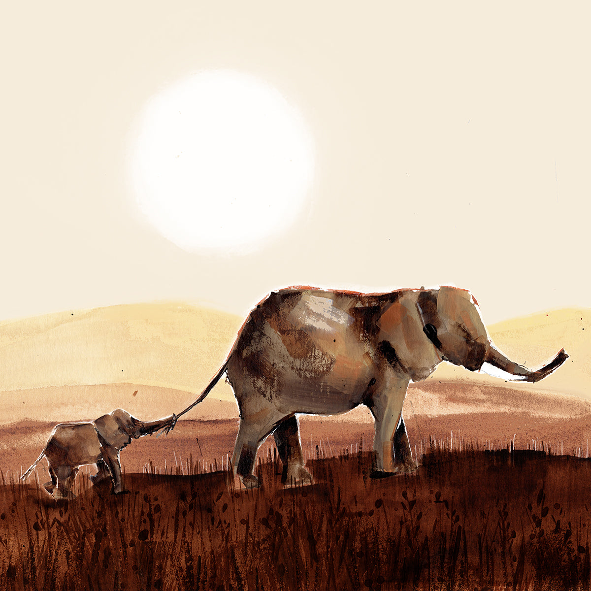 Mum and Baby Elephant illustration at Sunset