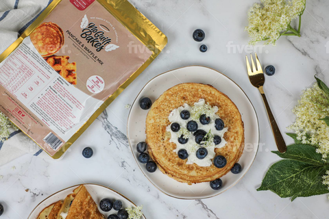 Crepes with blueberry toppings and NGB pancake and waffle mix