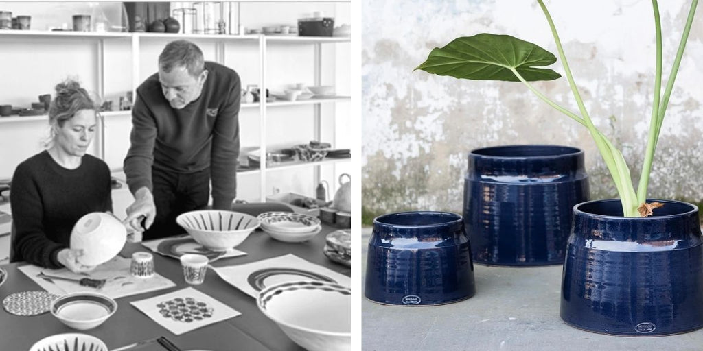 A photo of the Serax Design Team featured on Makers & Merchants Website and a photo of 3 Ink Plant Pots  in Dark Blue