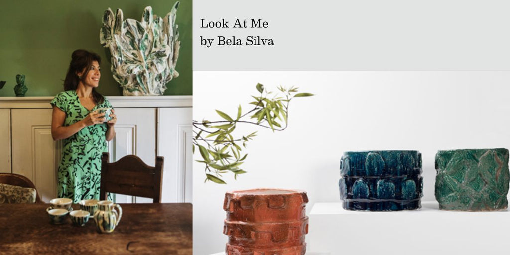 a picture of Bela Silva standing in a room with her sculpture and a picture of bela silva for serax look at me plant pots