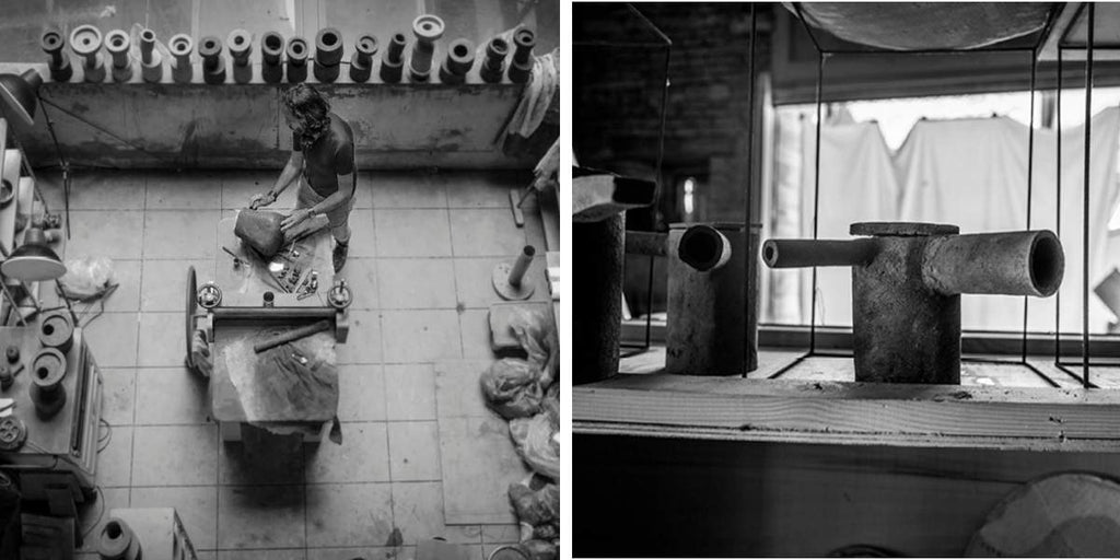 a photo of frederic gaultier in his studio and a photo of his FCK teapots in his studio new products available on makers and merchants website