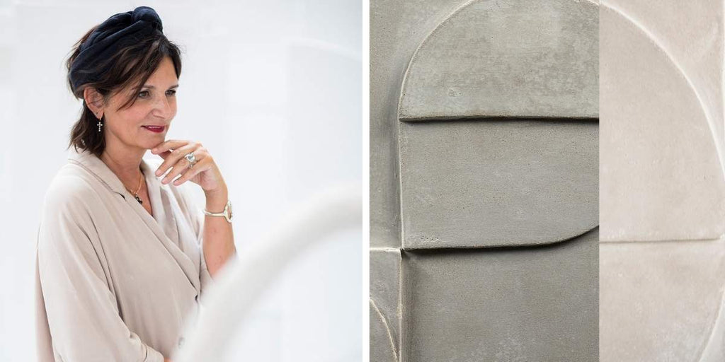 a portrait picture of marie michielssen from Serax and a close up photo of her Seventies Flower pot made out of concrete new products available on makers and merchants website