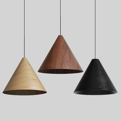 3 timber conical pendant lights with black cords in three different colours: ash, jarrah and chestnut.