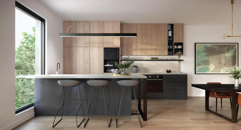 Stylish timber and grey kitchen with linear lighting and kitchen island