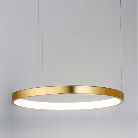 Shiny brushed gold hoop pendant light hanging from three thin cords
