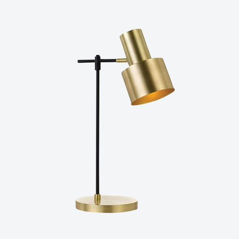 Gold table lamp with gold base and black arm