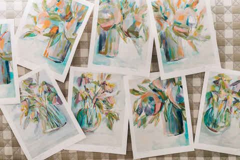 floral art paintings layered together