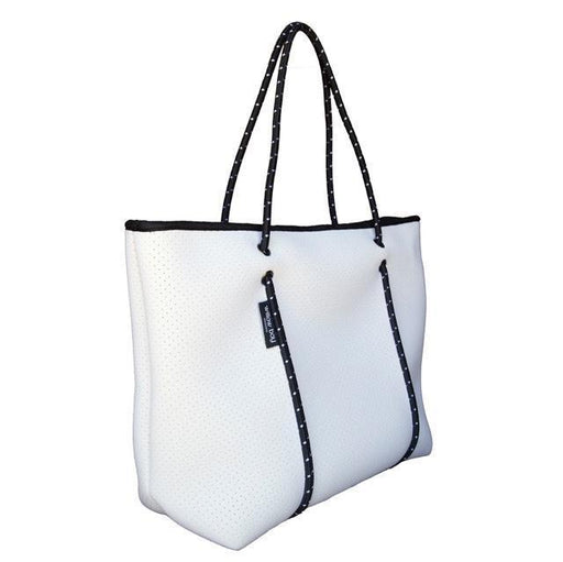 Willow Bay Black Neoprene Mini Tote Bag - Boutique Luxury Handbag for Women w/ Double Eyelets, Full Zip Closure, Segmented Pockets, Removable Base