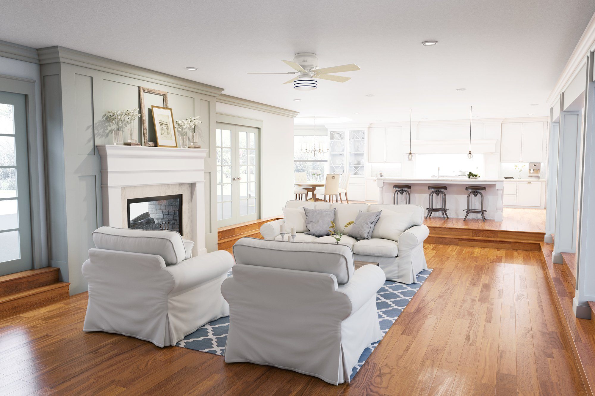 Coastal Decor Living Room With Ceiling Fan