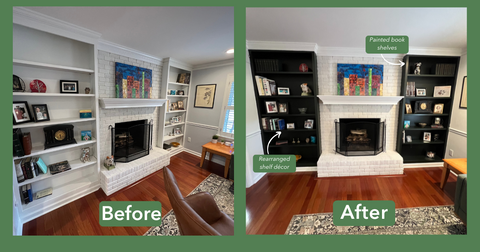 Before and after of the bookshelves painted