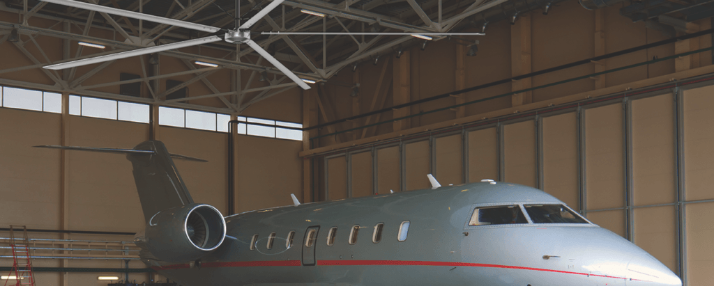 Hunter Titan HVLS fan in airplane hangar