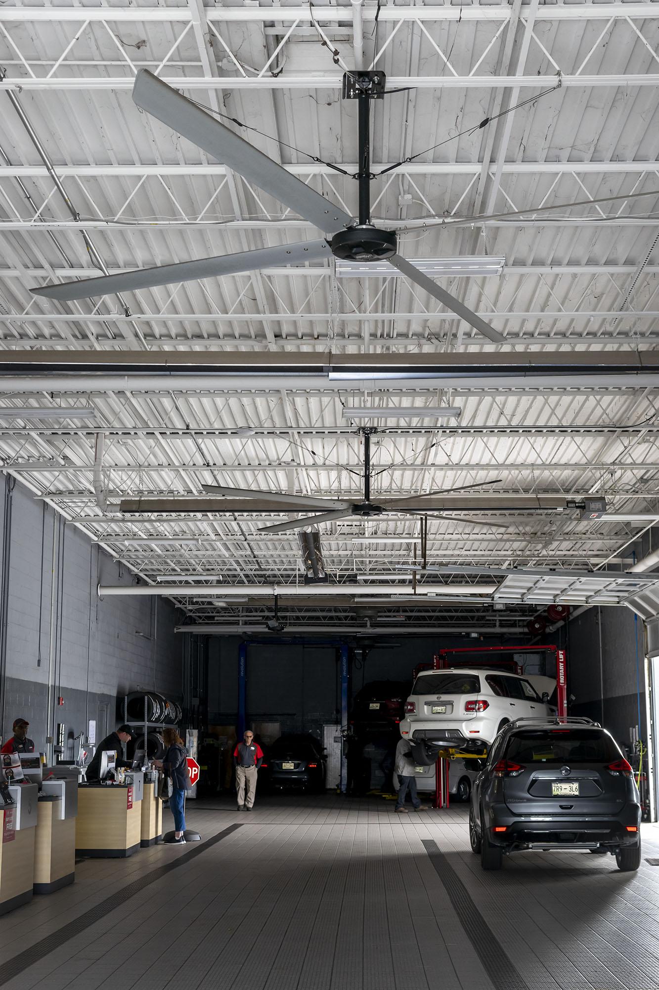 Hunter Industrial Fan Eco HVLS fan installed in car dealership