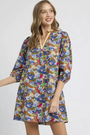 Boho Multi-Color Floral Balloon Sleeve Mini Dress - The Vintage Road