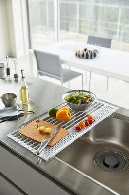 YAMAZAKI home 4314 Slim Dish Drainer Basket-Modern Kitchen Strainer Rack,  One Size, White