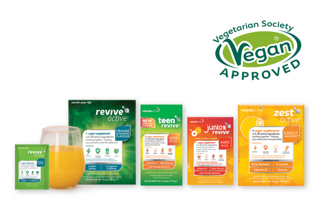 Revive Active Sachet, Glass and Box next to Zest Active Teen and Junior Vegan Supplements