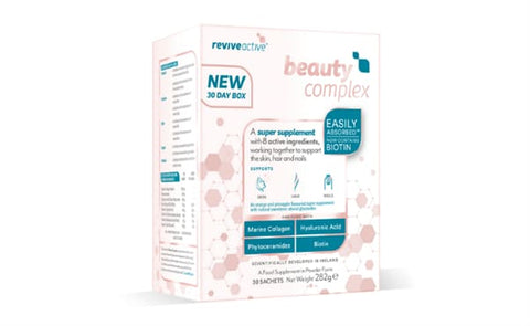 an image of the Beauty Complex packaging, indicating its main selling points, including the active ingredients and effective nutrient delivery.